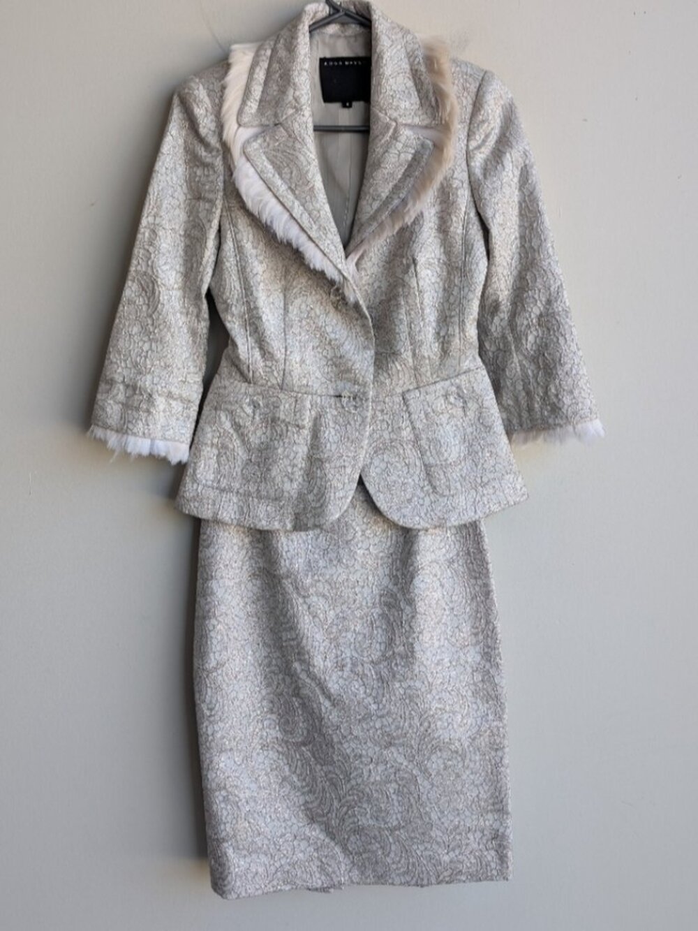 Ross Mayer gold/silver couture two piece suit skirt set With Feather Trim